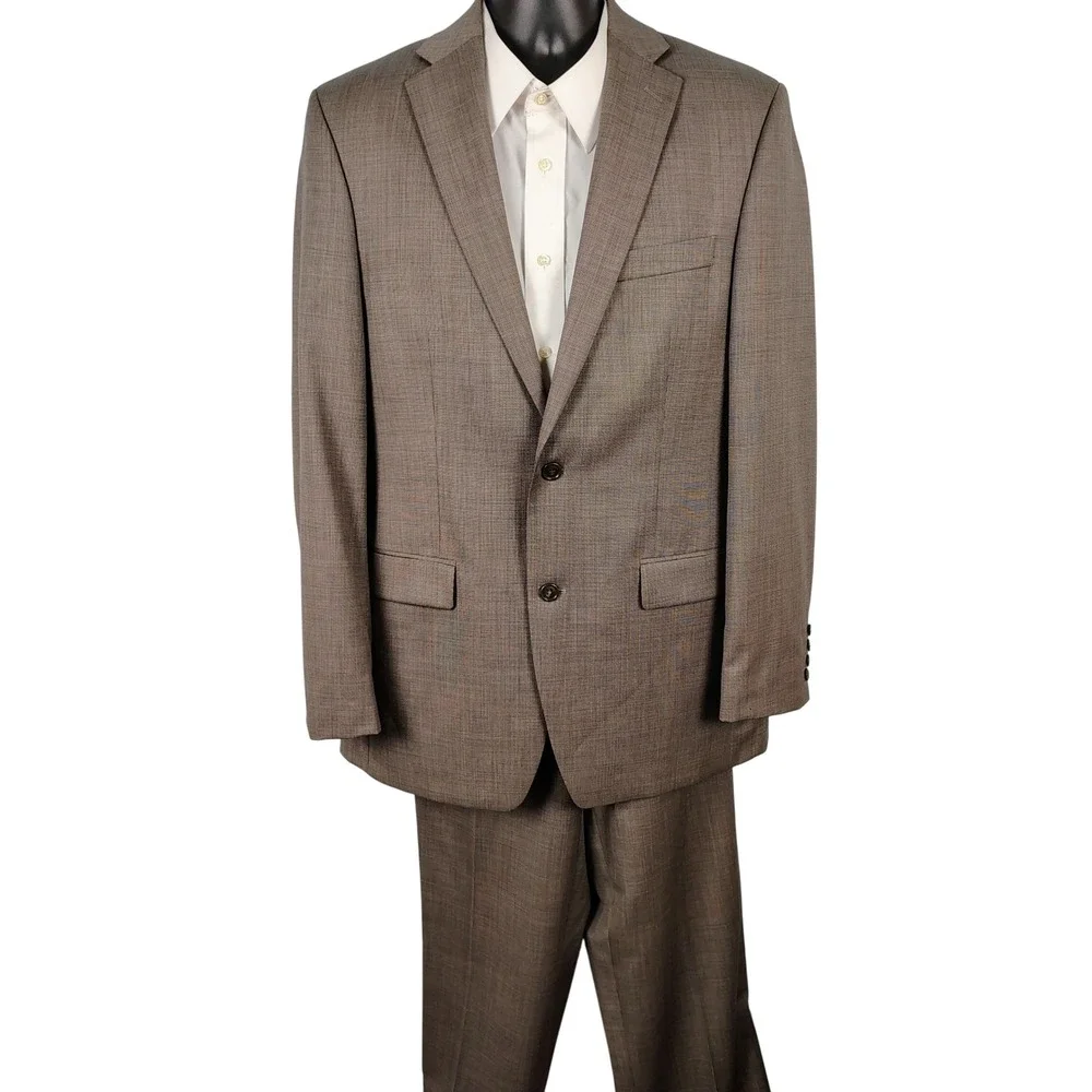 Calvin Klein Mens 42R Suit Brown Sharkskin Two Button Formal Business Wear